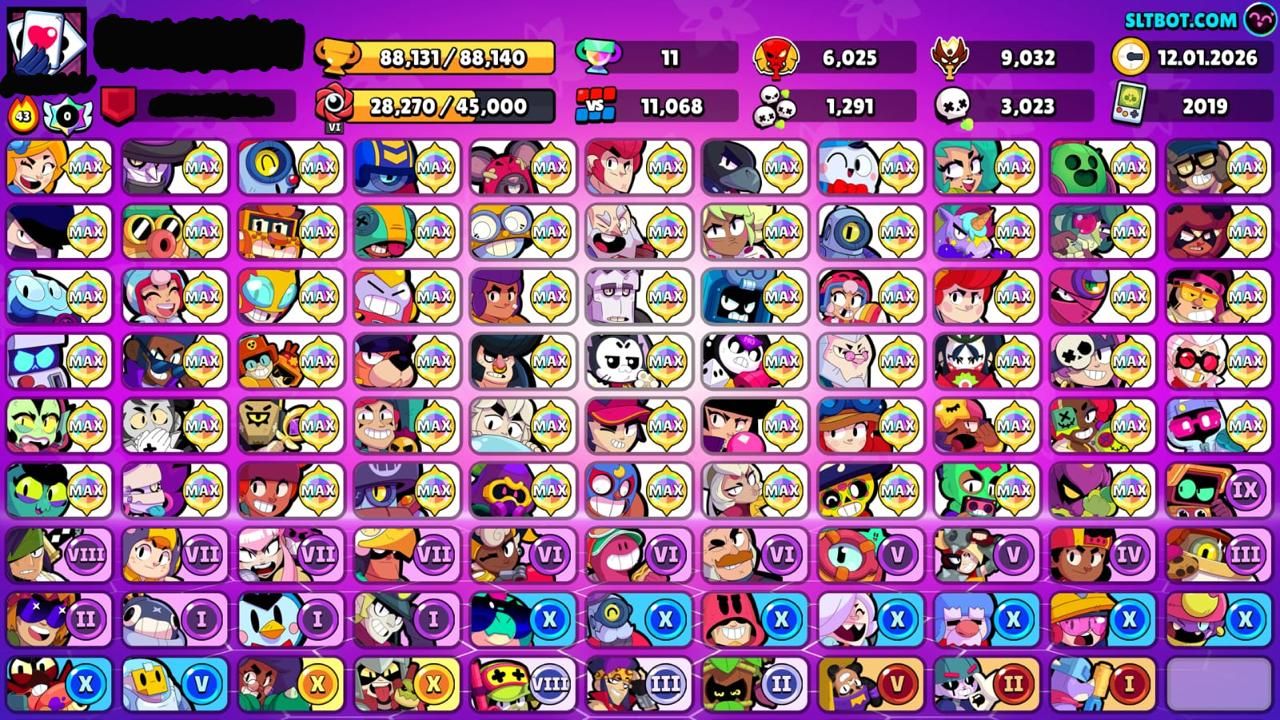 CONTA BRAWL COM 100 MIL TROFEUS, +200 SKINS, +50 BRAWLERS NÍVEL 11