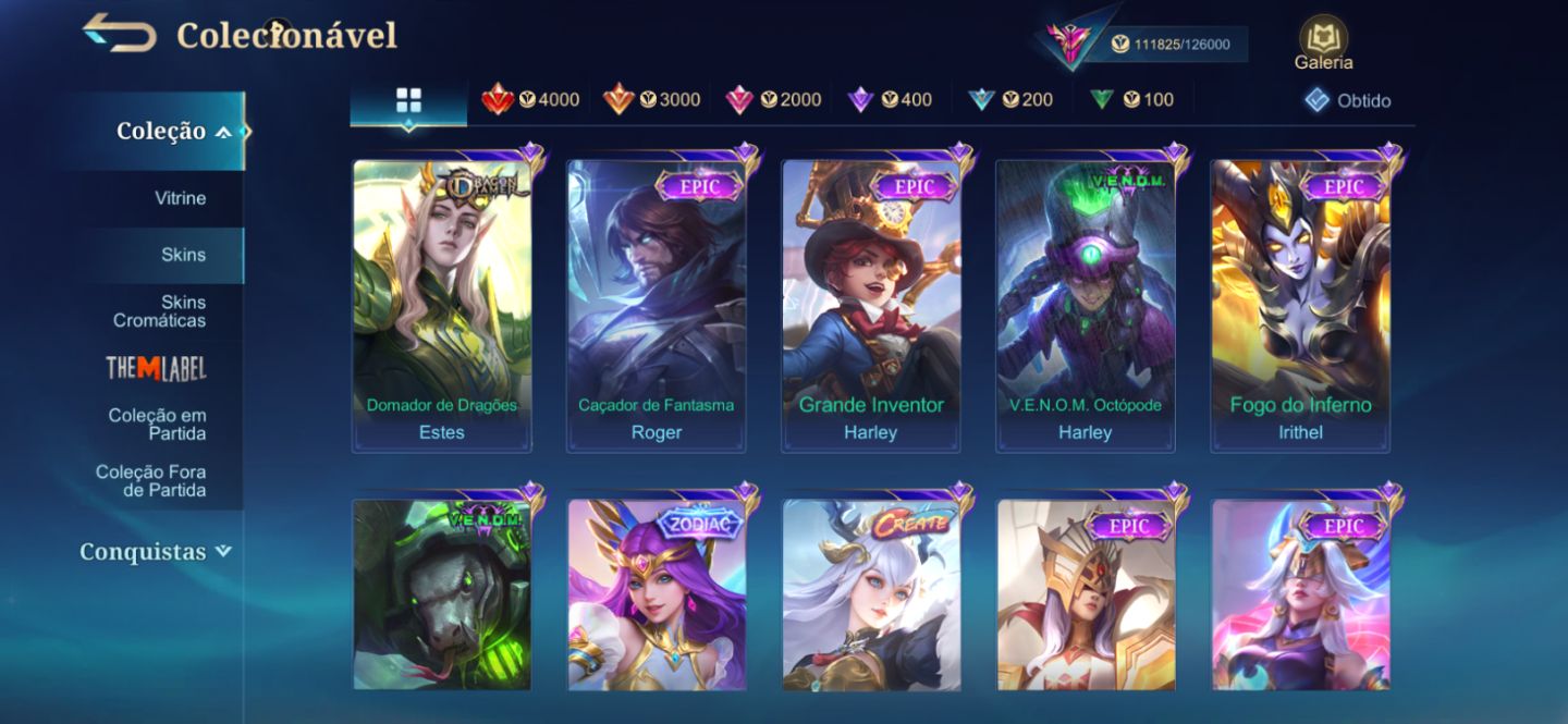 CONTA MLBB 342 SKINS IMORTAL | LEGEND, COLLECTOR, KOF, DUCATI, SANRIO