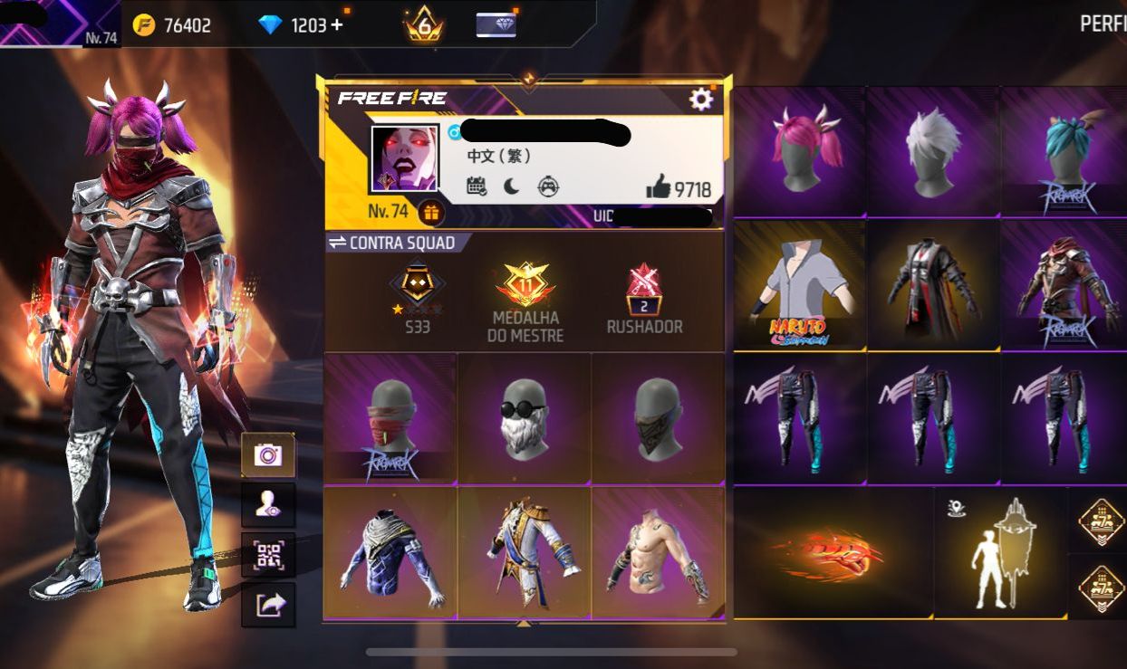 Conta free fire super gemada level 74 9700+ likes, ragnarok, punho, angelical