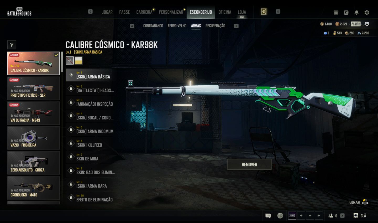Conta PUBG Kar98k lendária + Chroma + 1810 Gcoins + 513 cupons de contrabando