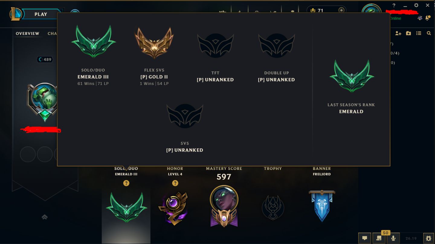 Conta League Of Legends, 402 skins +skins tft, emerald 3, Level 489