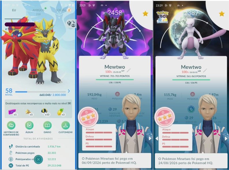 CONTA POKEMON GO LEVEL 58 | 263 LENDARIO | 144 BRILHANTE | MEWTWO ARMADURA IV100