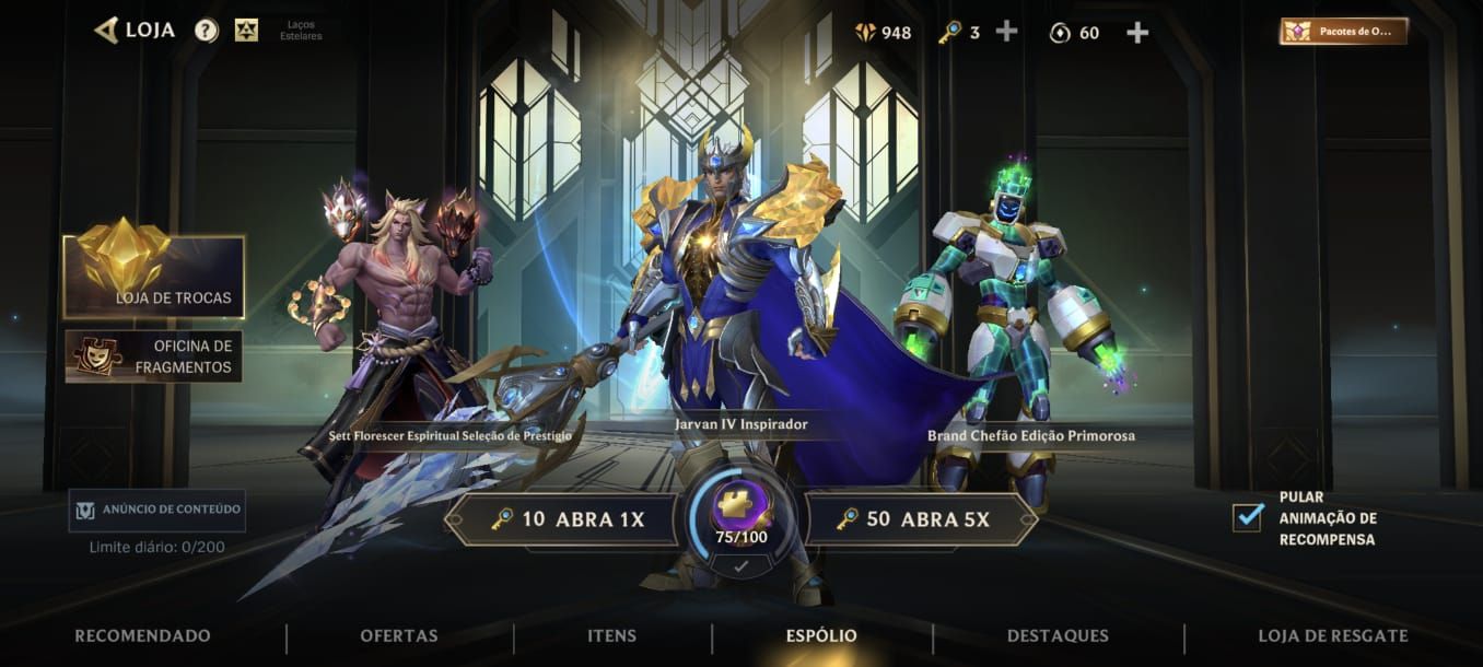 Conta Wild Rift com algumas skins, com +900 essências laranjas (Espólio)
