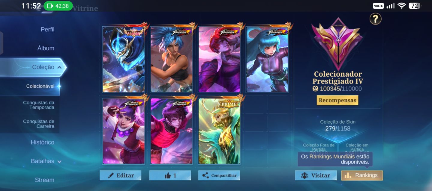 Conta Mlbb 279 skins, 5 skins kof 1 legend