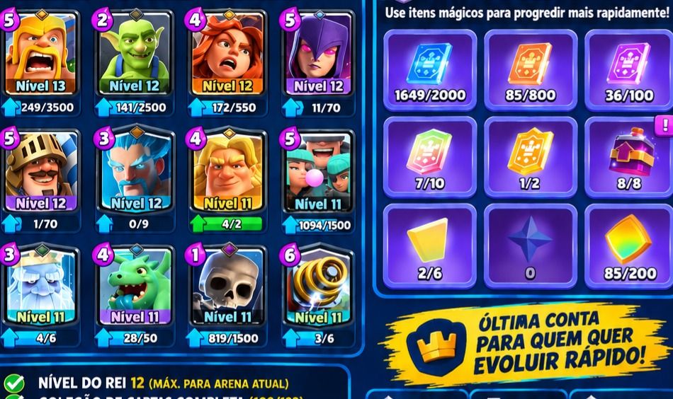 5.900 Troféus | 400k Ouro | 5.300 Gemas | 109/123 Cartas