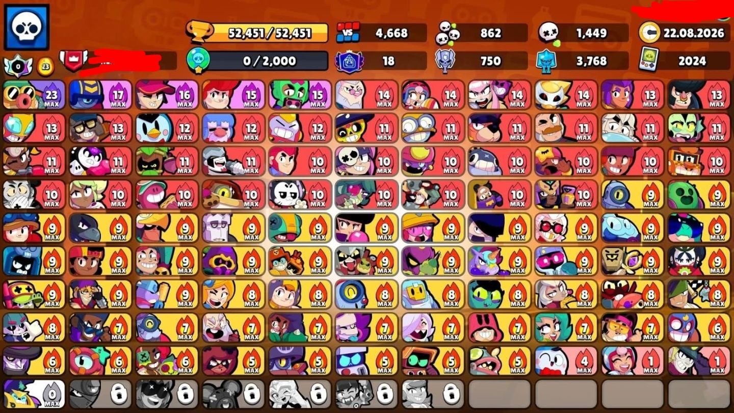 (Valor negociável)CONTA BRAWL STARS 52.451 TROFÉUS-241 SKINS -100/105 BRAWLERS
