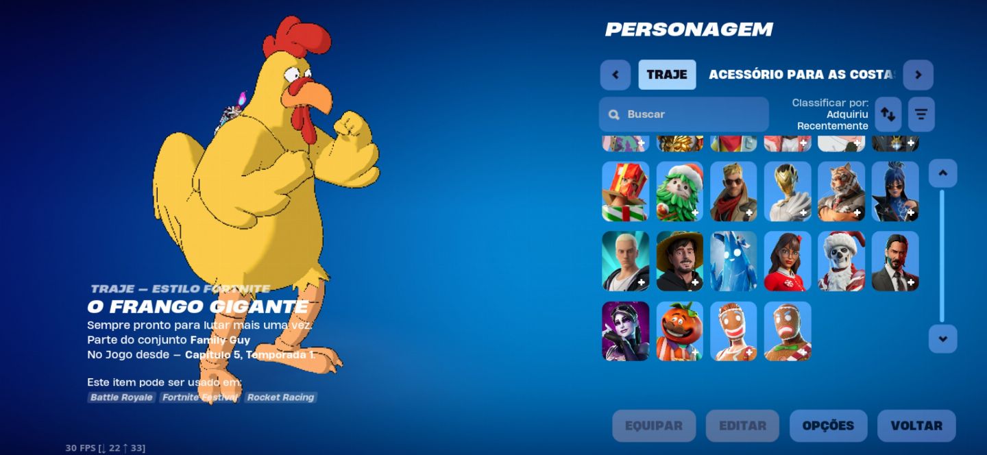 Conta antiga de Fortnite contendo diversas skins raras e itens exclusivos.