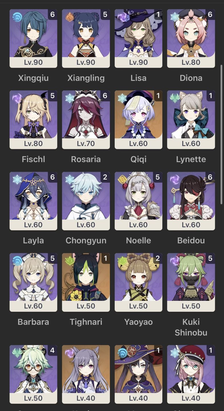 CONTA GENSHIN AR 60 | Raiden, Furina, Columbina, Nahida C1, Zhongli e Hutao C1.