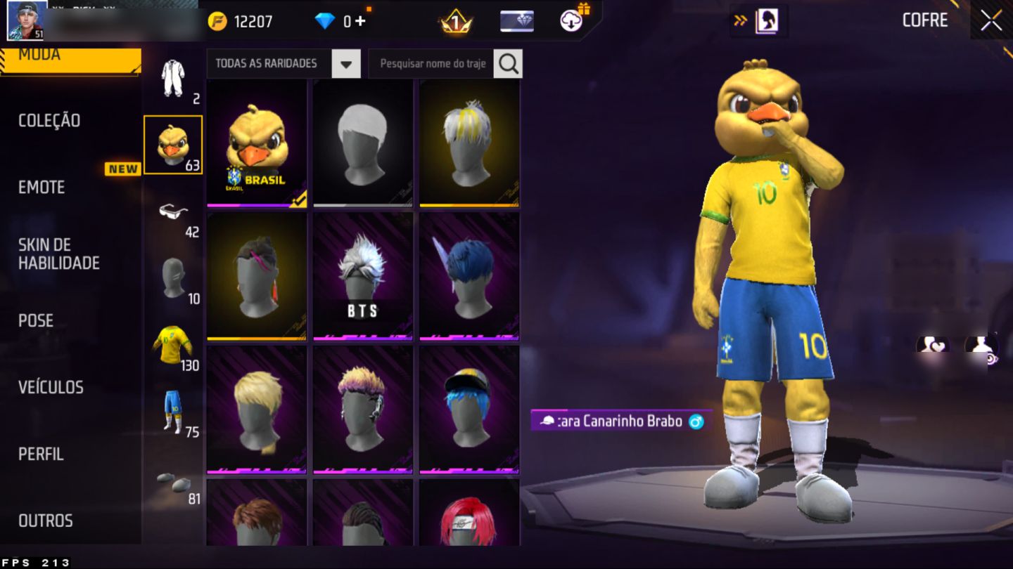 Conta Free Fire nível 51, várias skins de armas, paredes de gel e diversos itens