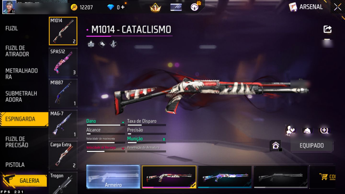 Conta Free Fire nível 51, várias skins de armas, paredes de gel e diversos itens