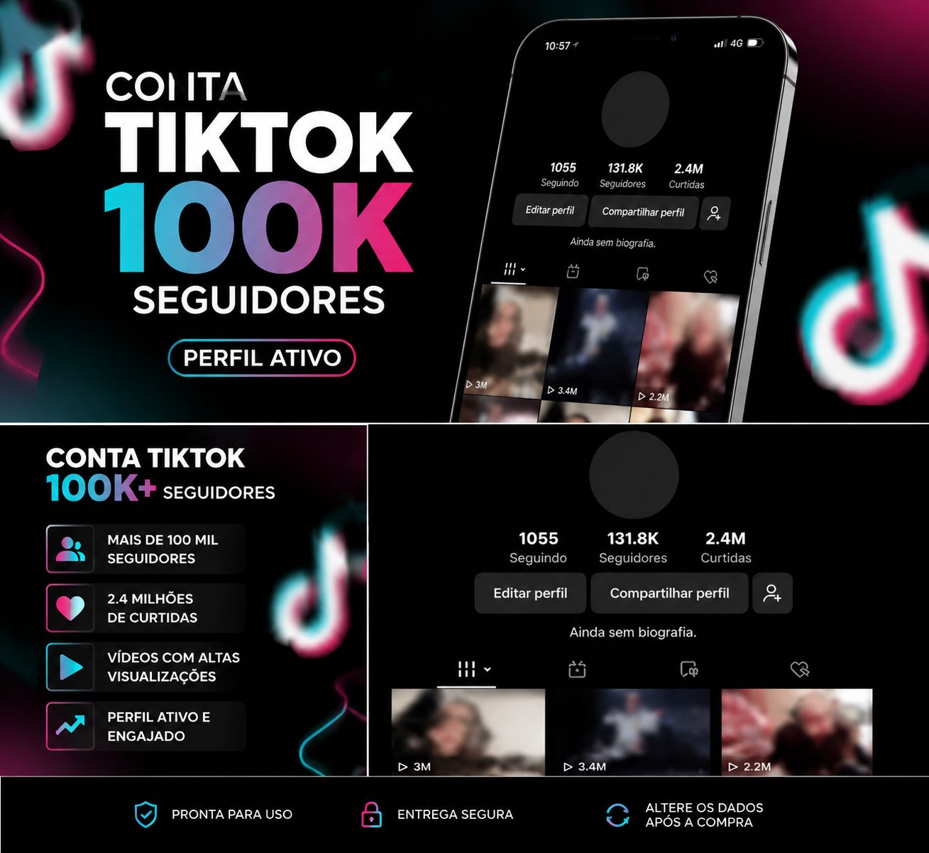 Conta TikTok 100K Seguidores | Perfil Ativo com 2.4M Curtidas | Pronta para Uso