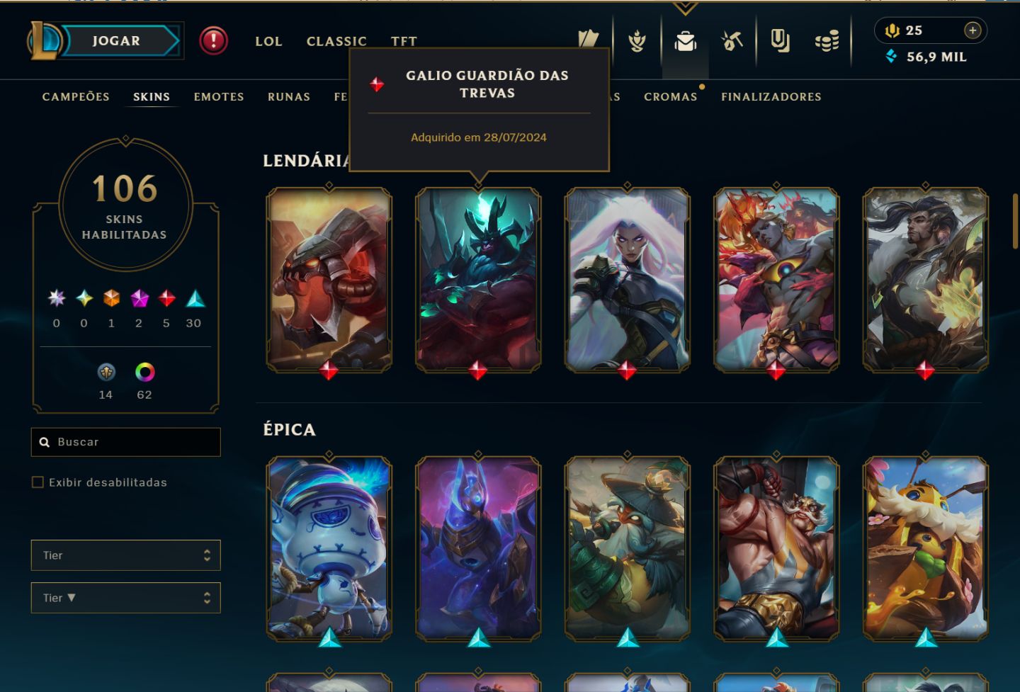 Conta LoL LVL298 Todos campeões 106 Skins 64 Cromas Plat 4