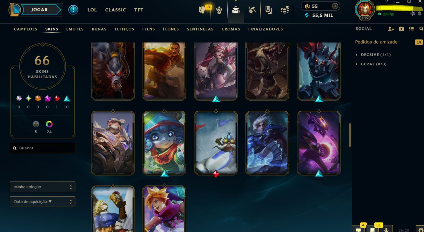 Conta League of Legends, Grão-mestre 1600 pontos, 91 bonecos, 26 skins