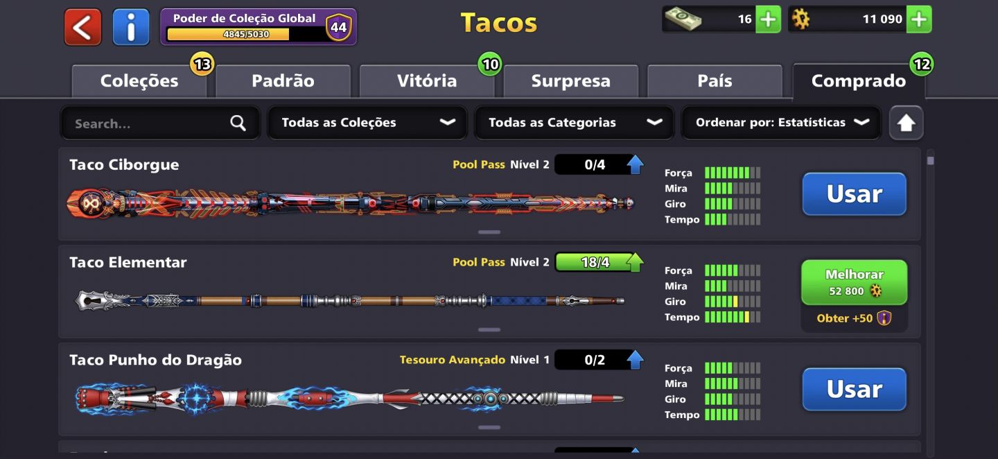 Conta de 8 ball pool muito boa nível 44 com muitos tacos fortes