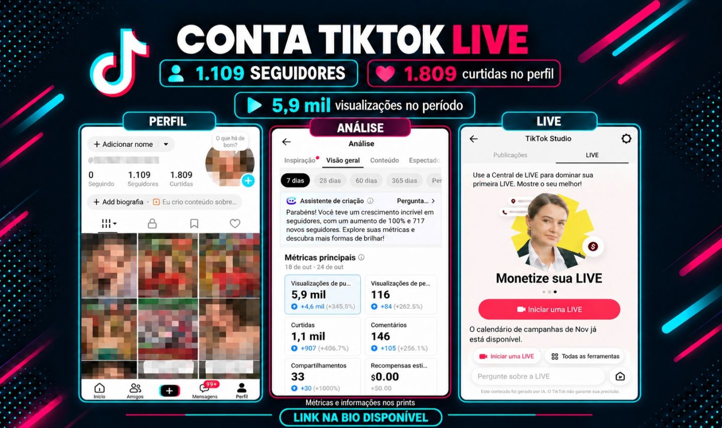 CONTA TIKTOK LIVE 1.109 SEGUIDORES REAIS | LINK NA BIO