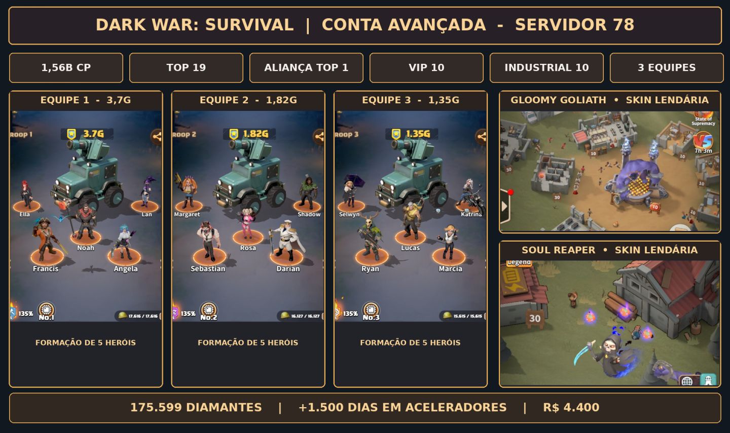 Dark War Survival | S78 | TOP 19 | 1,56B CP | 3,7G | I10 VIP10