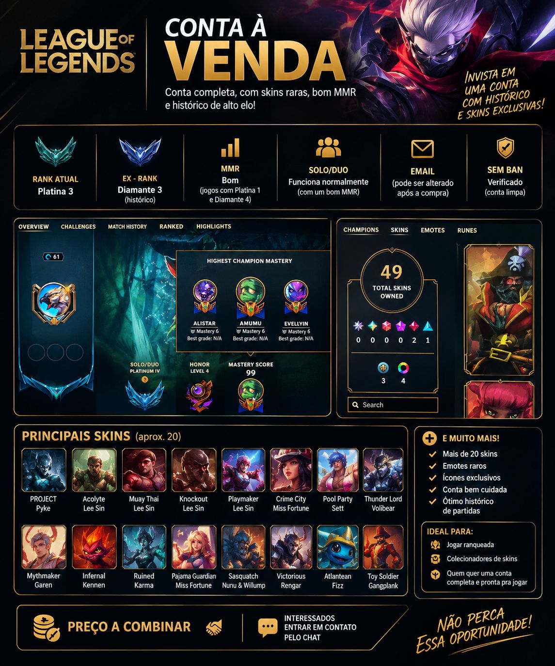 Conta LOL NFA, 49 skins, PRECO NEGOCIAVEL, bom mmr