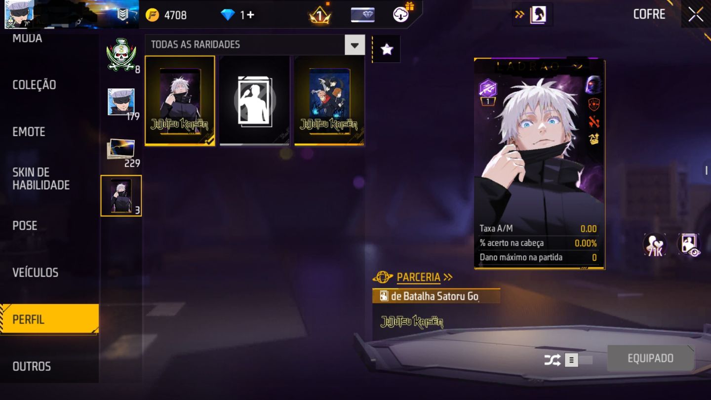 CONTA FF LVL 70 | GEMADA | MESTRES ANTIGOS | FULL GOJO | 8 PASSES | +500 SKINS