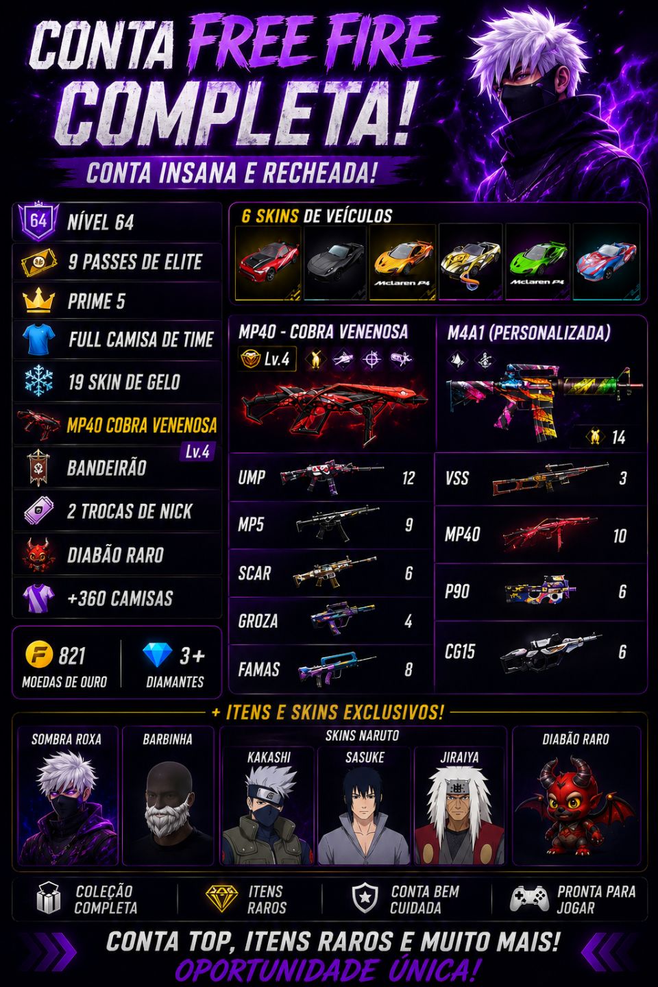 Conta de Free Fire nível 64 rara