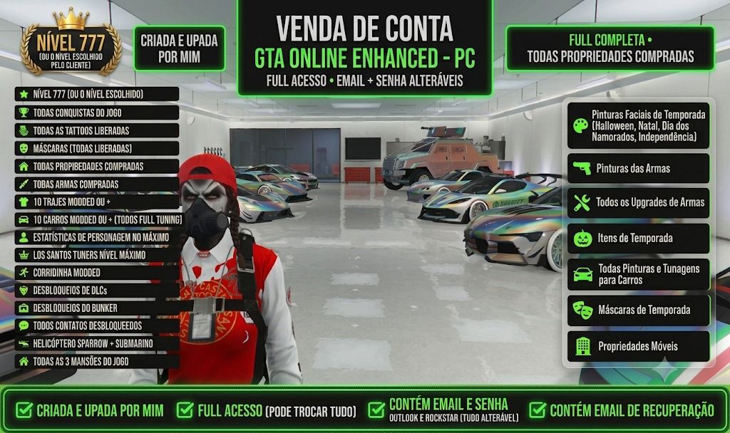 CONTA GTA ENHANCED COM 100 MILHÕES + TODAS MANSÕES + CARROS MODDED