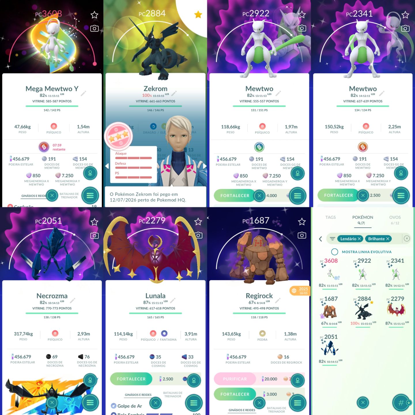 RARIDADE COM ZEKROM SHUNDO MEWTWO SHINY FUNDO E + 5 LENDARIOS SHINY - POKEMON GO