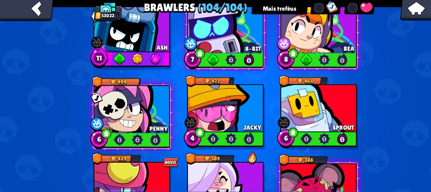 Conta de brawl com 53k de troféus,104 brawlers e skins raras