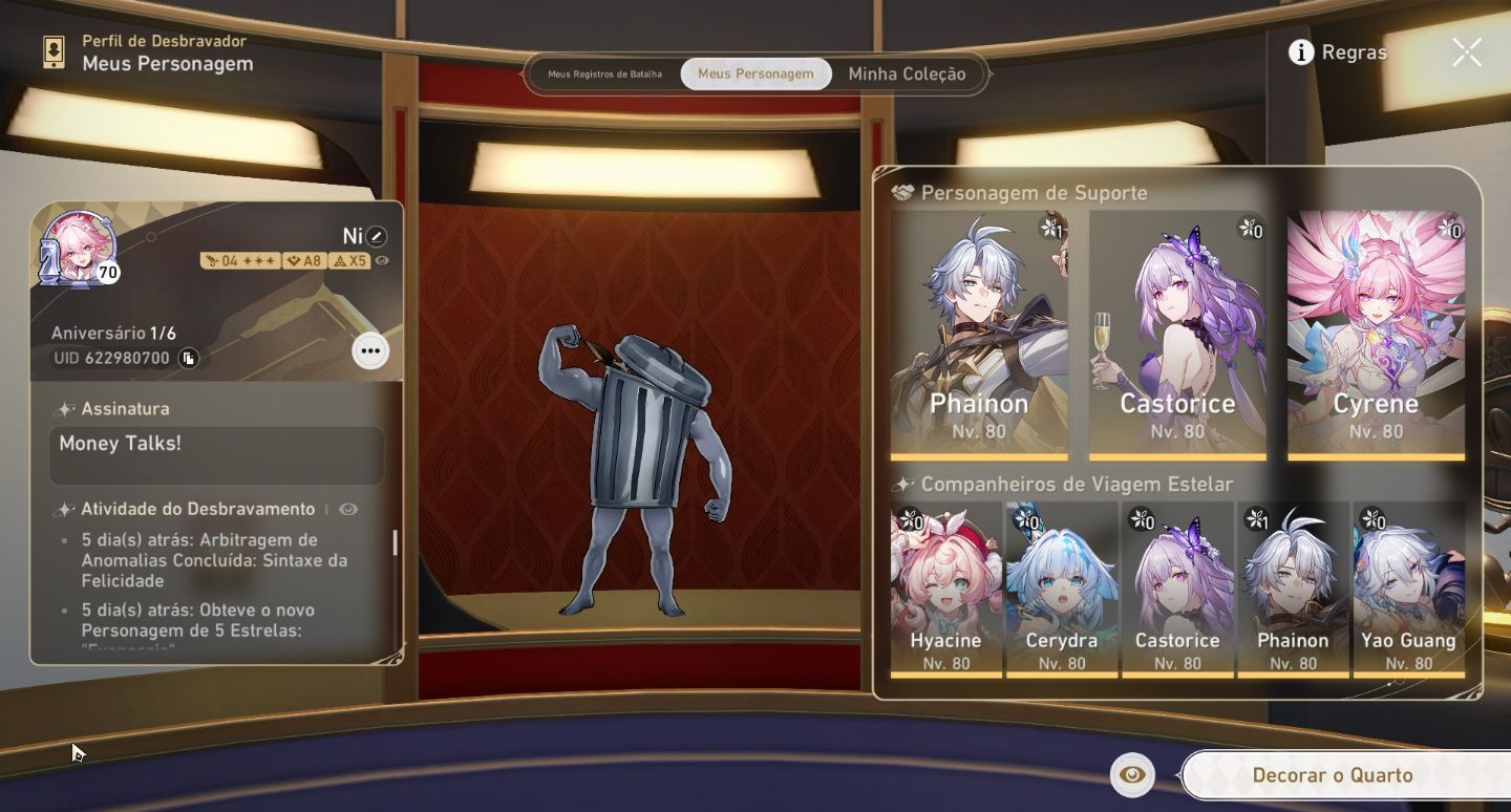 Conta Honkai: Star Rail TL:70, 24 Personagens T5 e 13 cones T5 + Skin + Eidolons