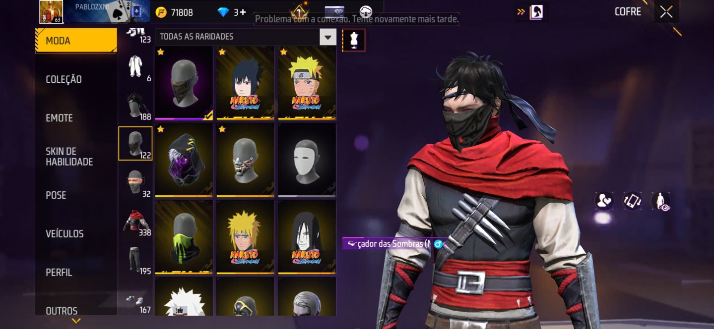 Conta de free fire com skins de Naruto da 1 temporada e bem antiga