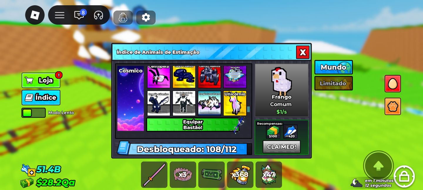 ÍNDICE 96% | PETS E OVOS 1B+ | CERCADO E ESTEIRA MAX | 4 SKINS ROBLOX