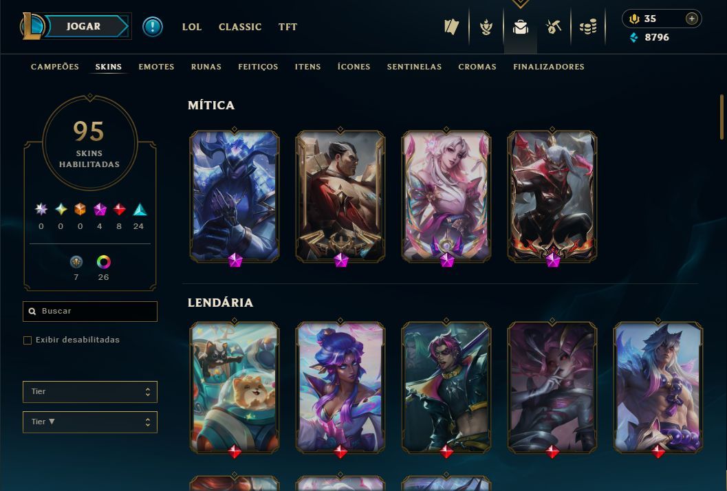 Conta league of legends full champs, nivel 95+, ouro 4 e com várias skins