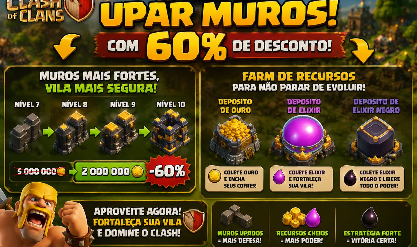 CLASH OF CLANS - UP DE MUROS E FARM DE RECURSOS (60% DE DESCONTO / 100% SEGURO )