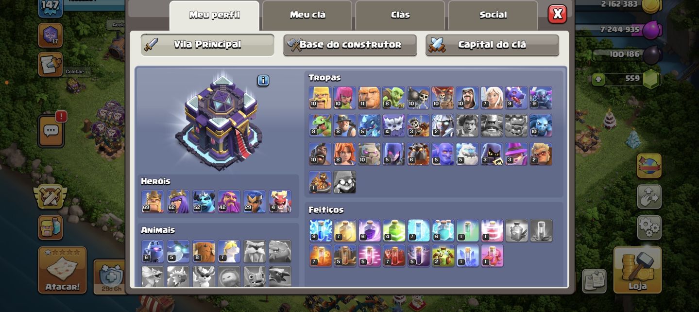 CONTA CLASH OF CLANS CV15 LV147 559 GEMAS 6 CONSTRUTOR 4 PETS MUITAS SKINS