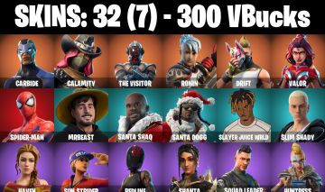 CONTA FORTNITE COM 32 SKINS CARBIDE/SPIDER MAN/REDLINE/SHANTA/GOMBO/RAPHAEL/