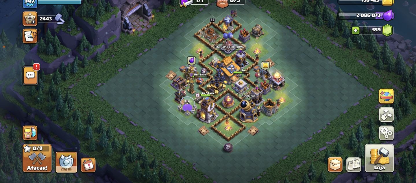 CONTA CLASH OF CLANS CV15 LV147 559 GEMAS 6 CONSTRUTOR 4 PETS MUITAS SKINS