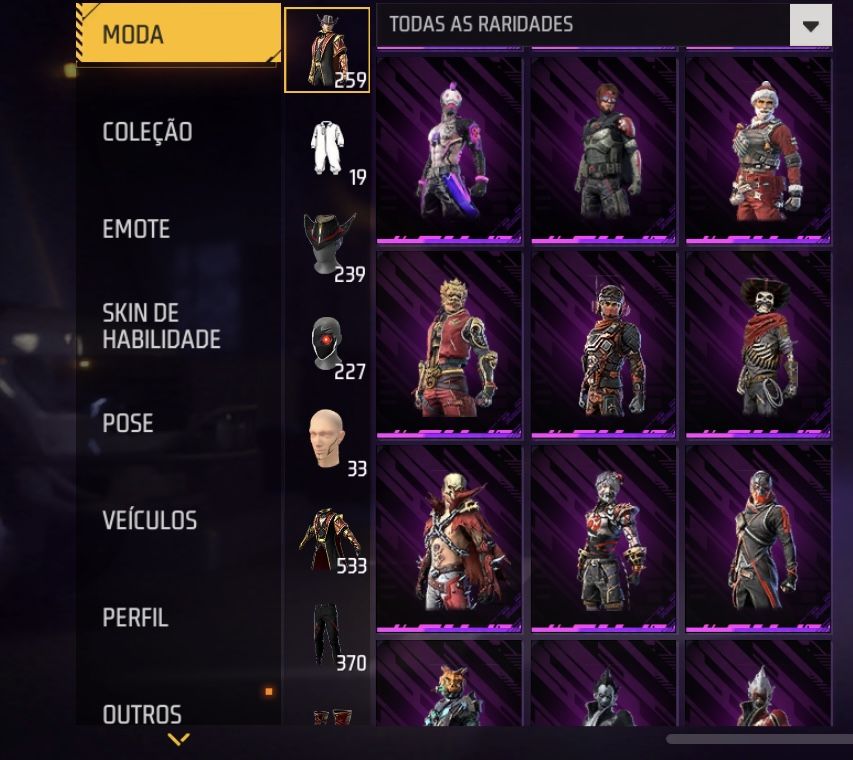 Conta Free Fira com skins de passes antigos