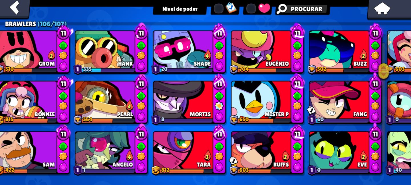 CONTA BRAWL STARS RARA DE 2019 68K TR 106/106 BRAWLERS 446 SKINS 60 HIPER