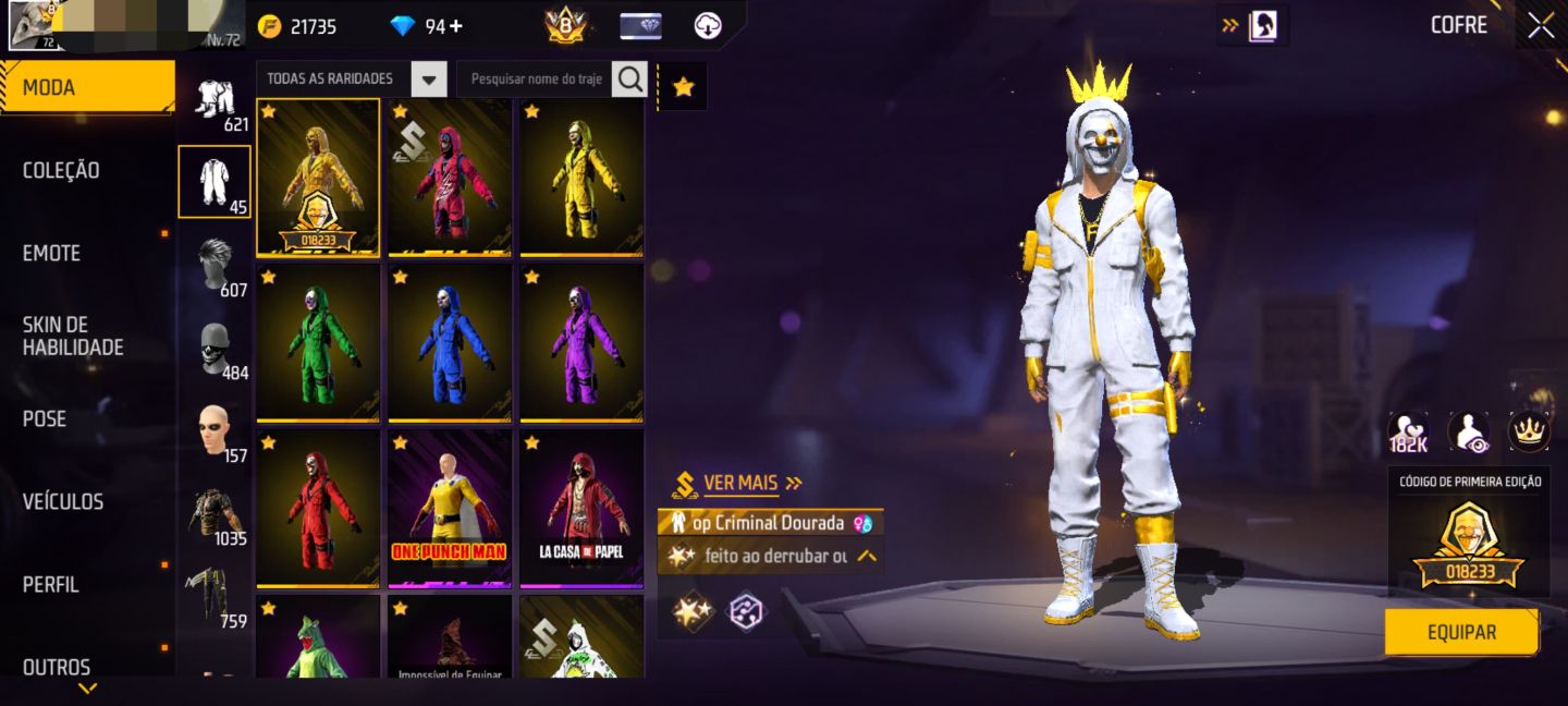 CONTA DE FREE FIRE, PRIME 8, 10 EVO, 2 PÉ DESCALÇO, +1K DE PEITAS, ITENS RAROS