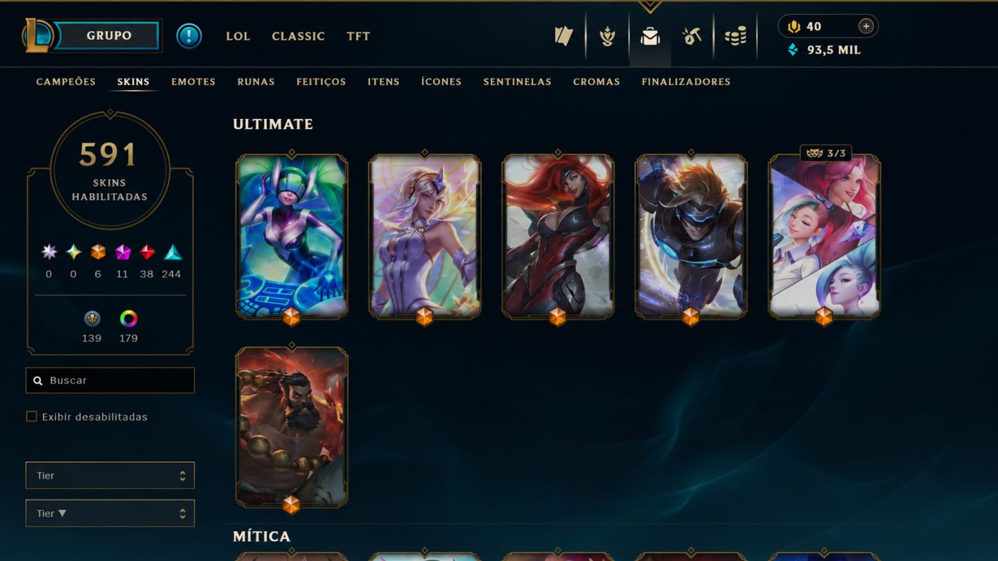 CONTA LOL BR | 591 SKINS | 6 ULTIMATE | 11 MÍTICAS | 38 LENDÁRIAS | 139 LEGADO