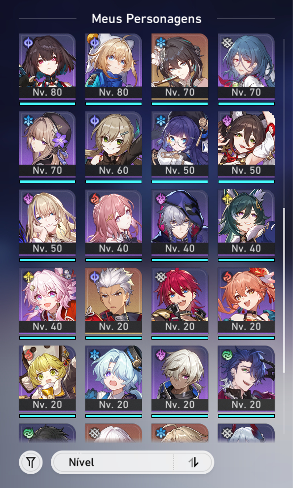 Conta Honkai: Star Rail TL:70, 24 Personagens T5 e 13 cones T5 + Skin + Eidolons