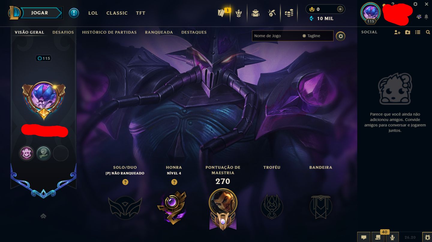 Conta Unranked, full acesso, 76 campeões, 20 skins, 4 lendárias, 3 vitoriosas