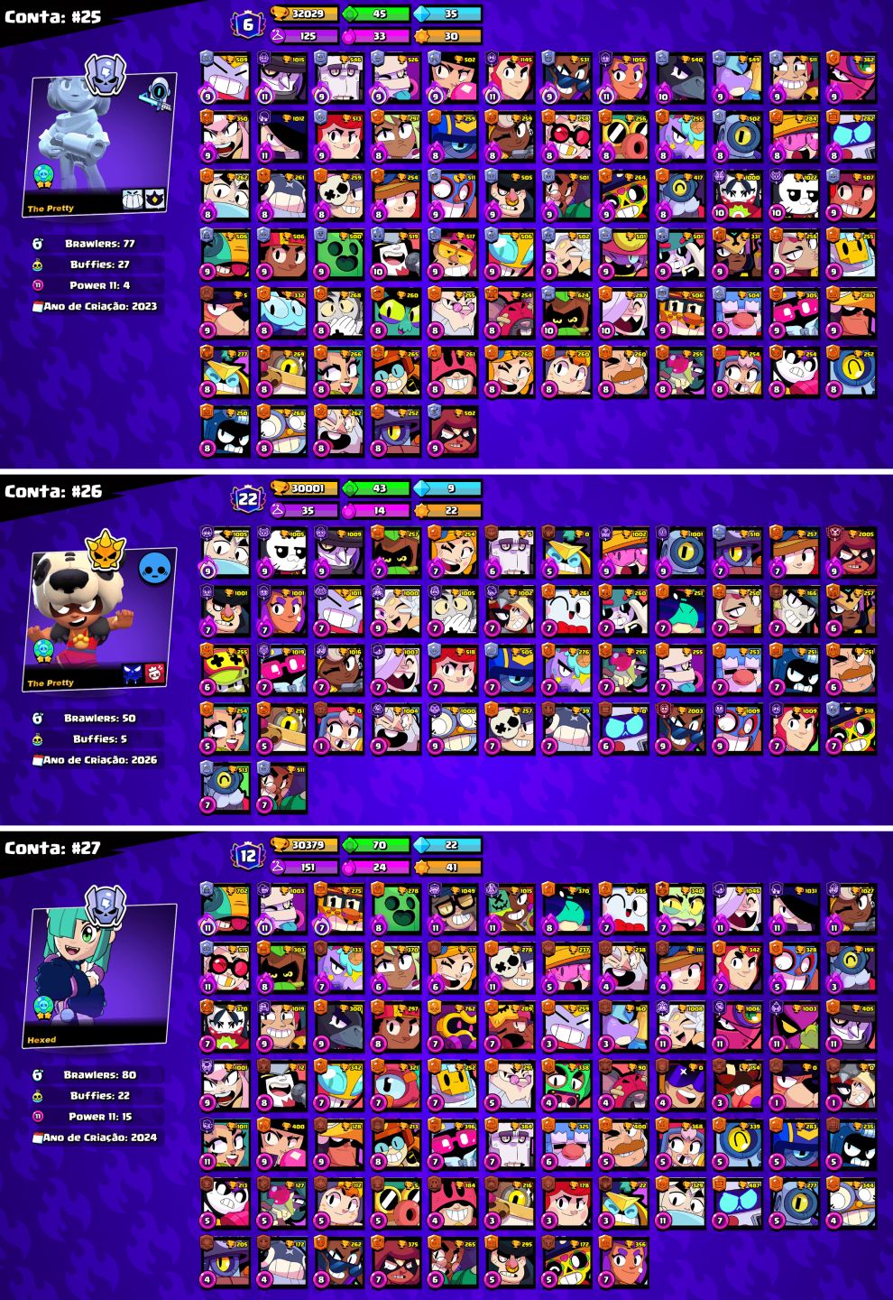 CONTAS BRAWL STARS c/LENDÁRIOS e MUITOS TROFÉUS!!