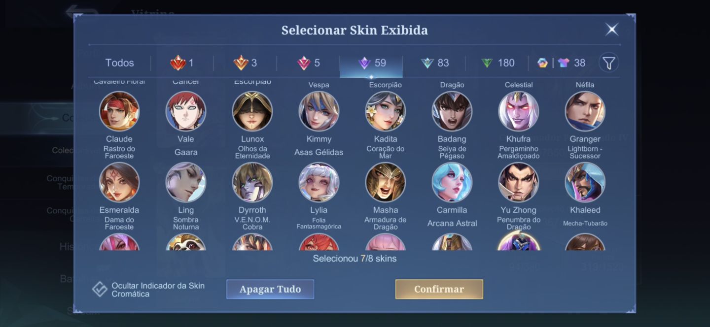 CONTA MOBILE LEGENDS/ SKINS RARAS