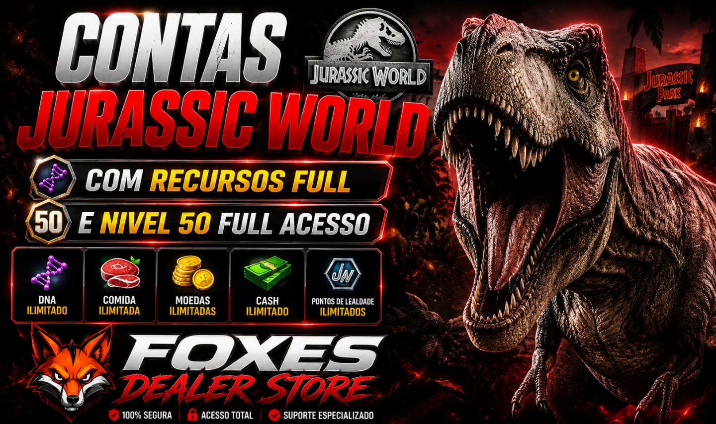 CONTAS JURASSIC WORLD COM RECURSOS FULL + NIVEL 67 + CONTA FULL ACESSO