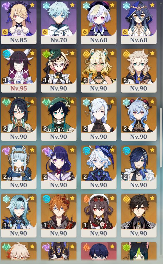 Conta Genshin NA AR60 Whale com vários personagens 5 e 4 estrelas C6 R5!