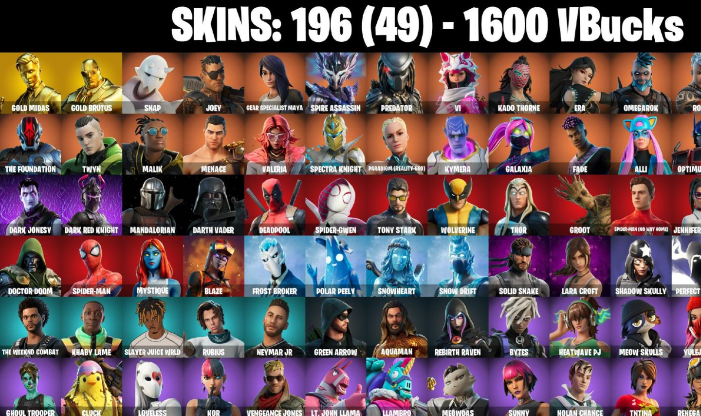 196 Skins - Leviathan Axe, Gold Midas, Lara Croft, Candy Axe, 1600 vbucks