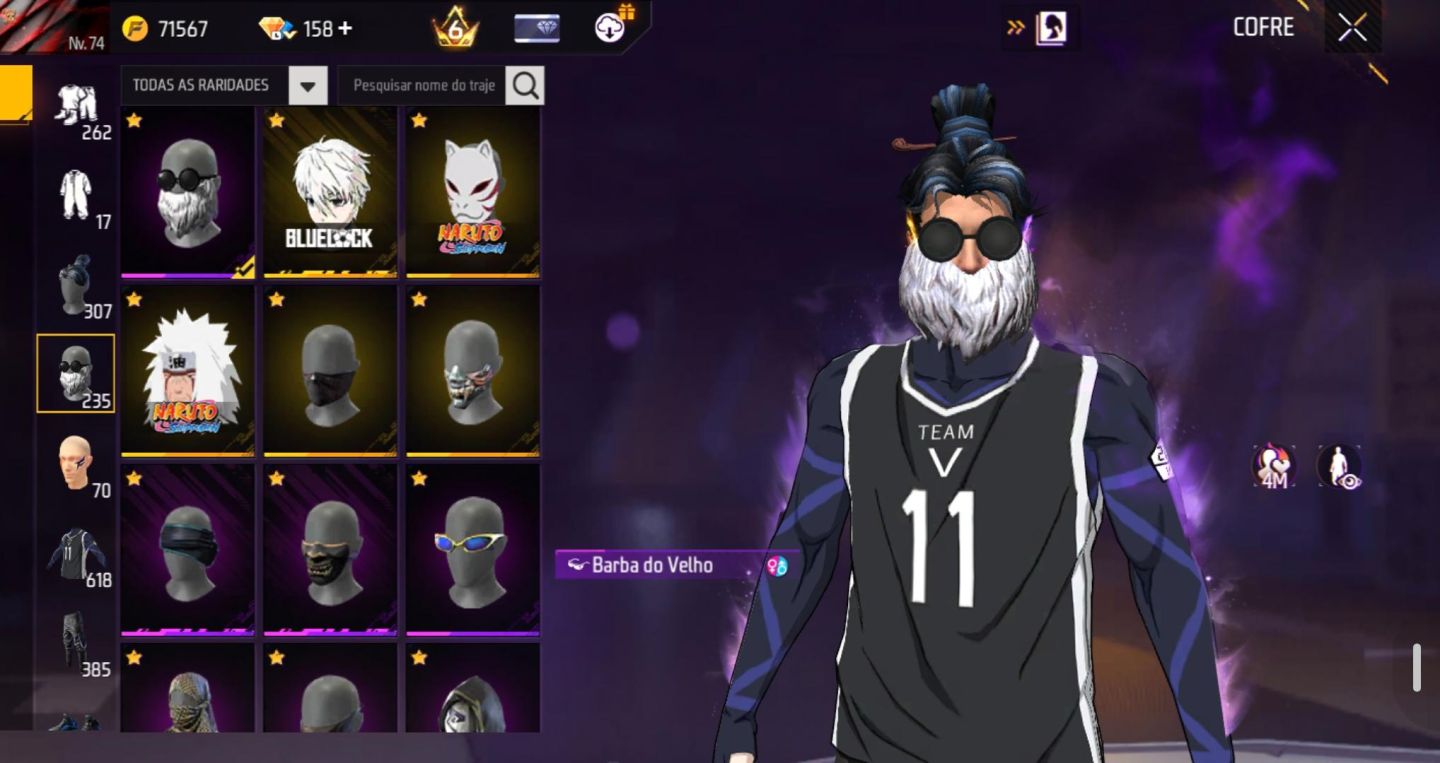 CONTA FREE FIRE PRIME 6 COM +620 PEITORAIS,BARBINHA,BANDEIRAO, ONE PUCH MAN +