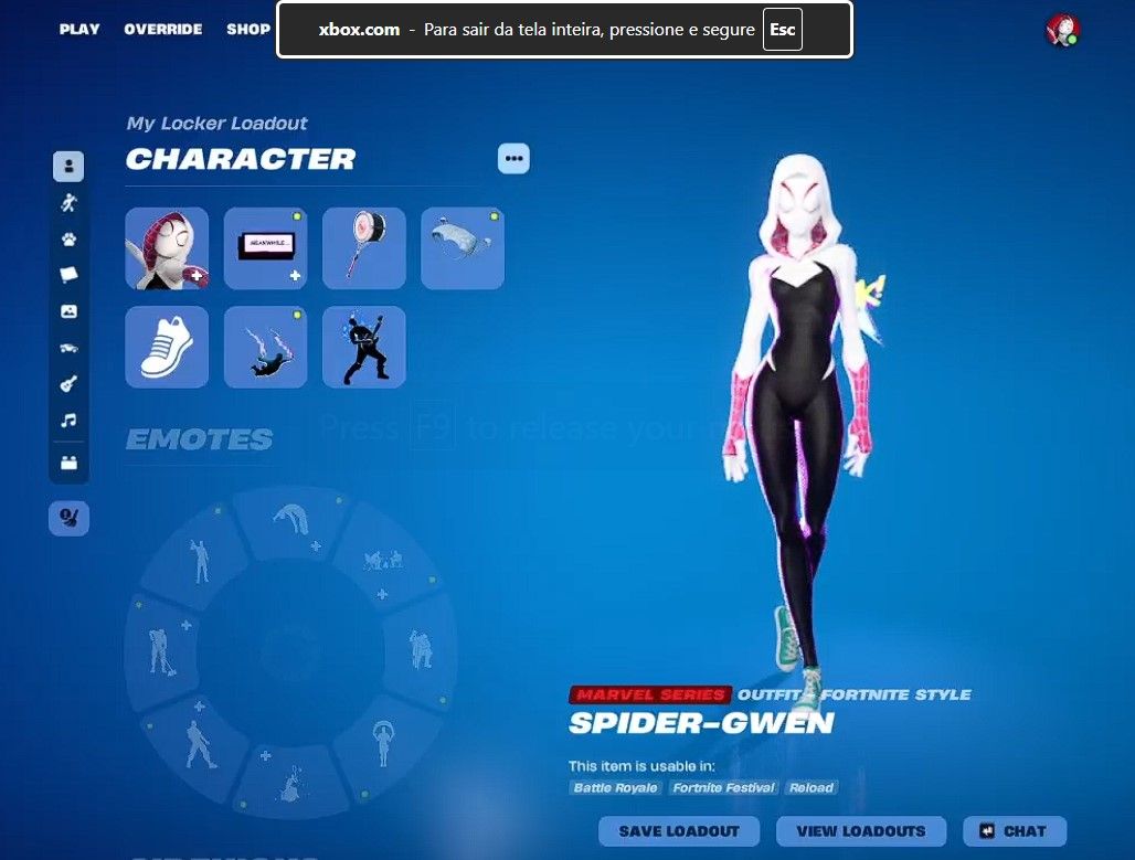 Conta de Fortnite com passe da Spider-Gwen completo