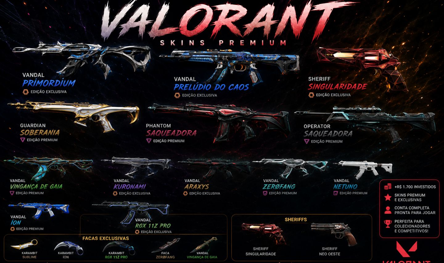 CONTA VALORANT LUXO | KURONAMI, PRELÚDIO, ARAXYS, NETUNO, GAIA E FACAS EXCLUSIVA