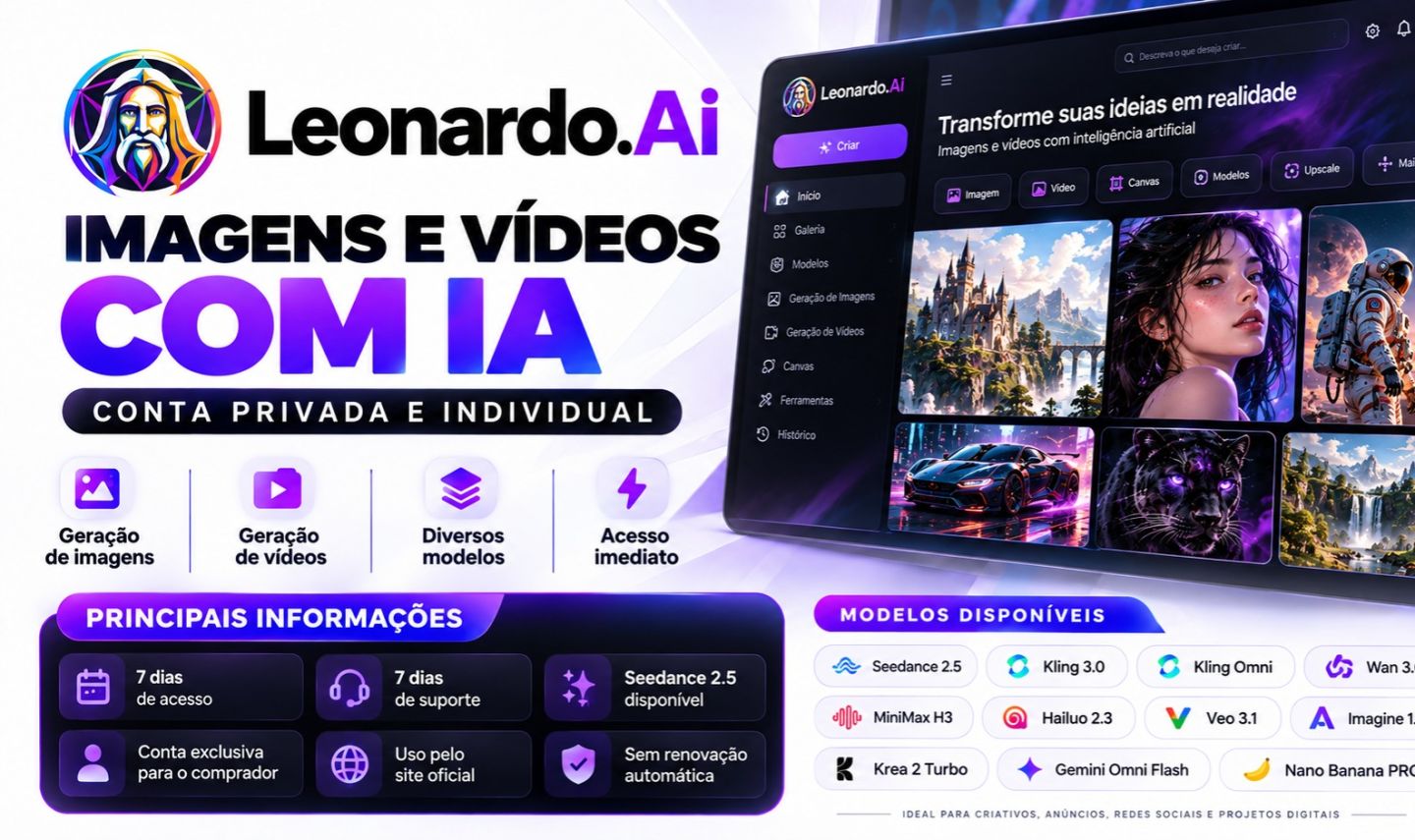 Leonardo AI Premium | Seedance 2.5 + Kling 3.0 + Veo 3.1 | Conta Privada