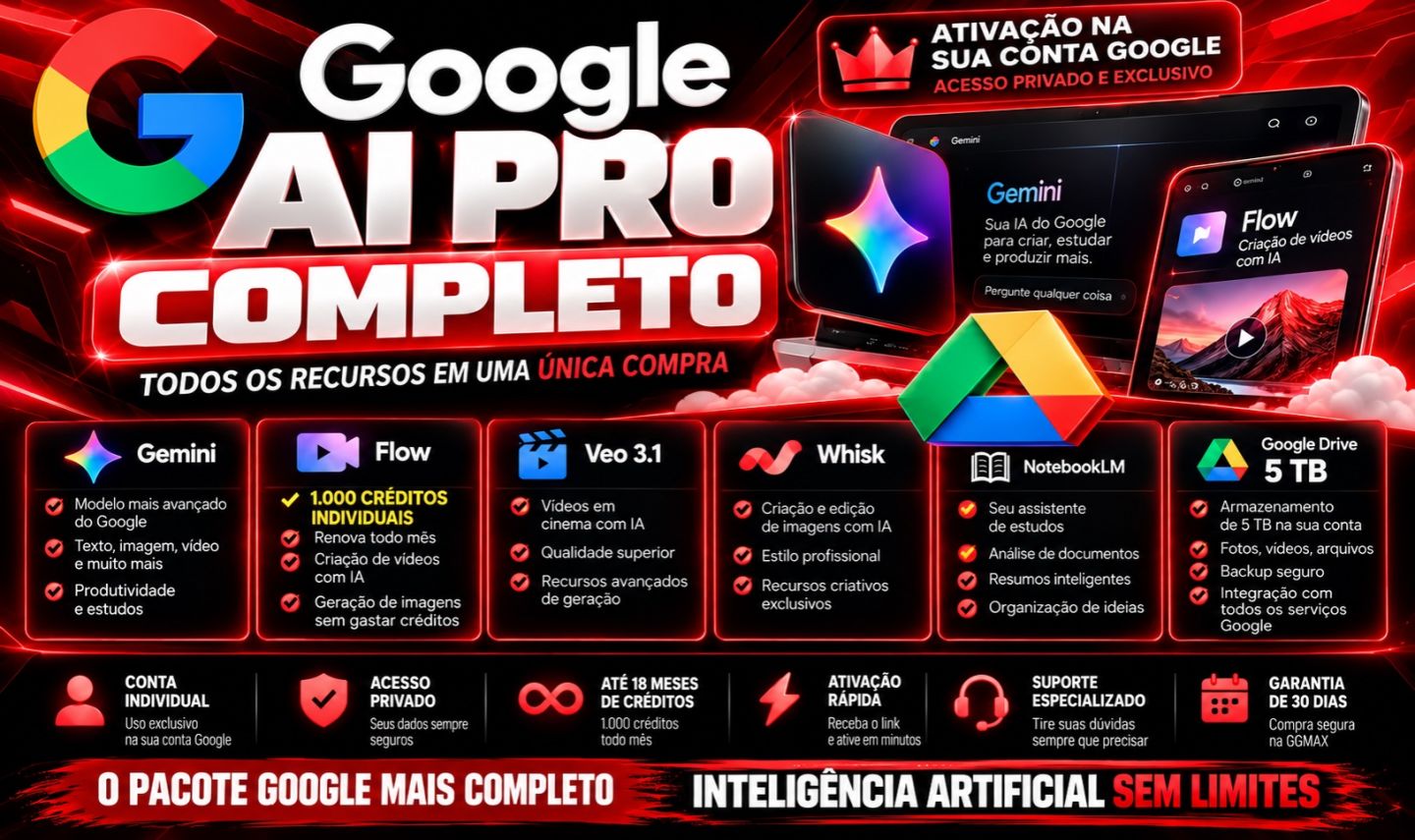 GOOGLE AI PRO COMPLETO 5 TB + FLOW + GEMINI + VEO 3.1